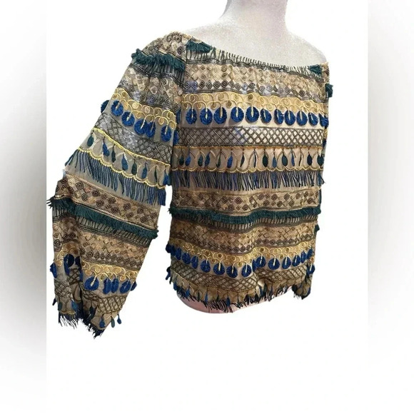 Alice + Olivia Mixed Media Boho Beaded Fringe Blouse size S - Picture 5 of 16